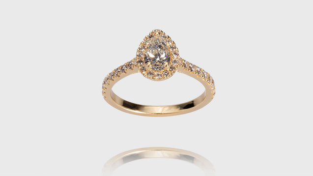 18K Yellow Gold Pear Halo Engagement Diamond Ring