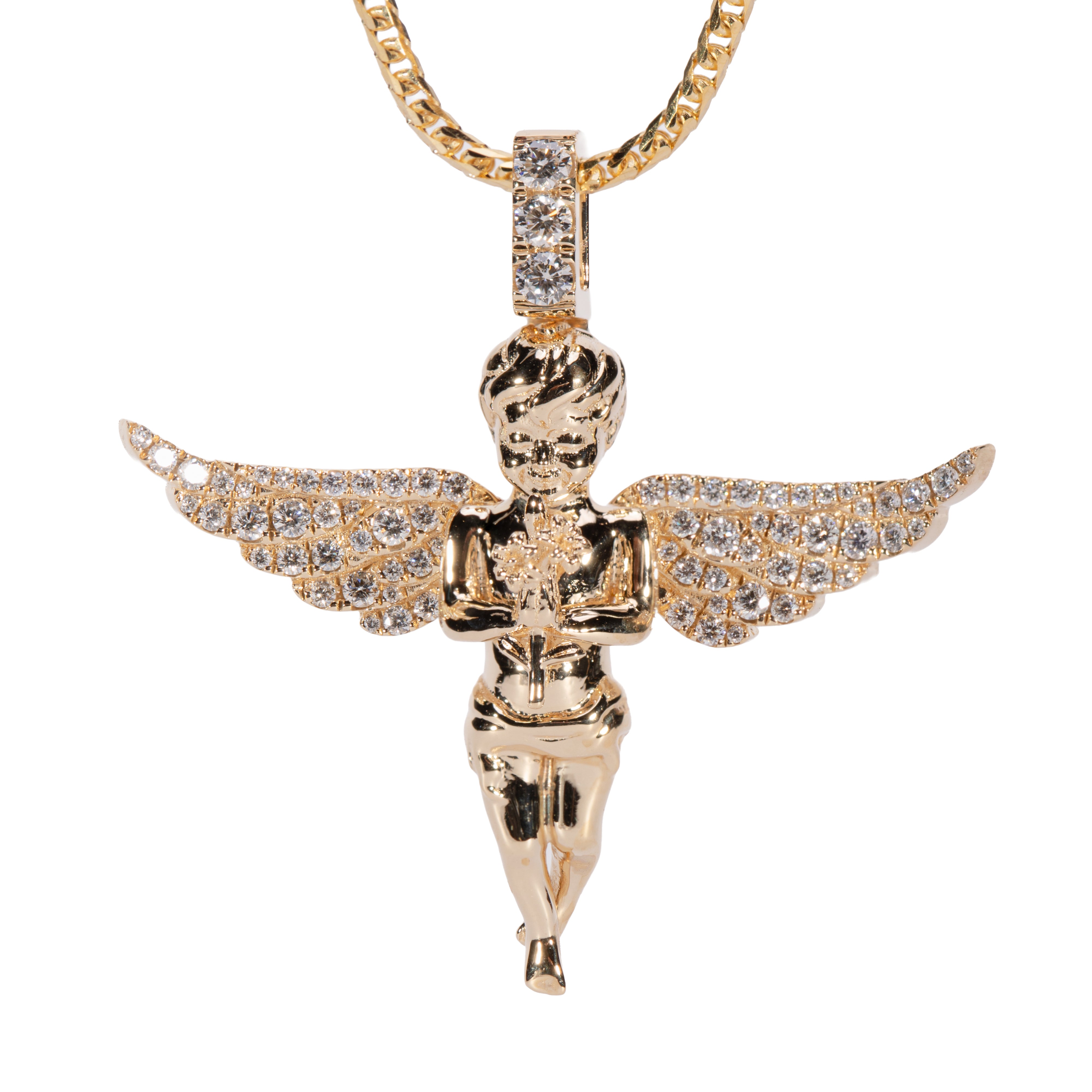 14K Gold Open Wings Diamond Angel Pendant