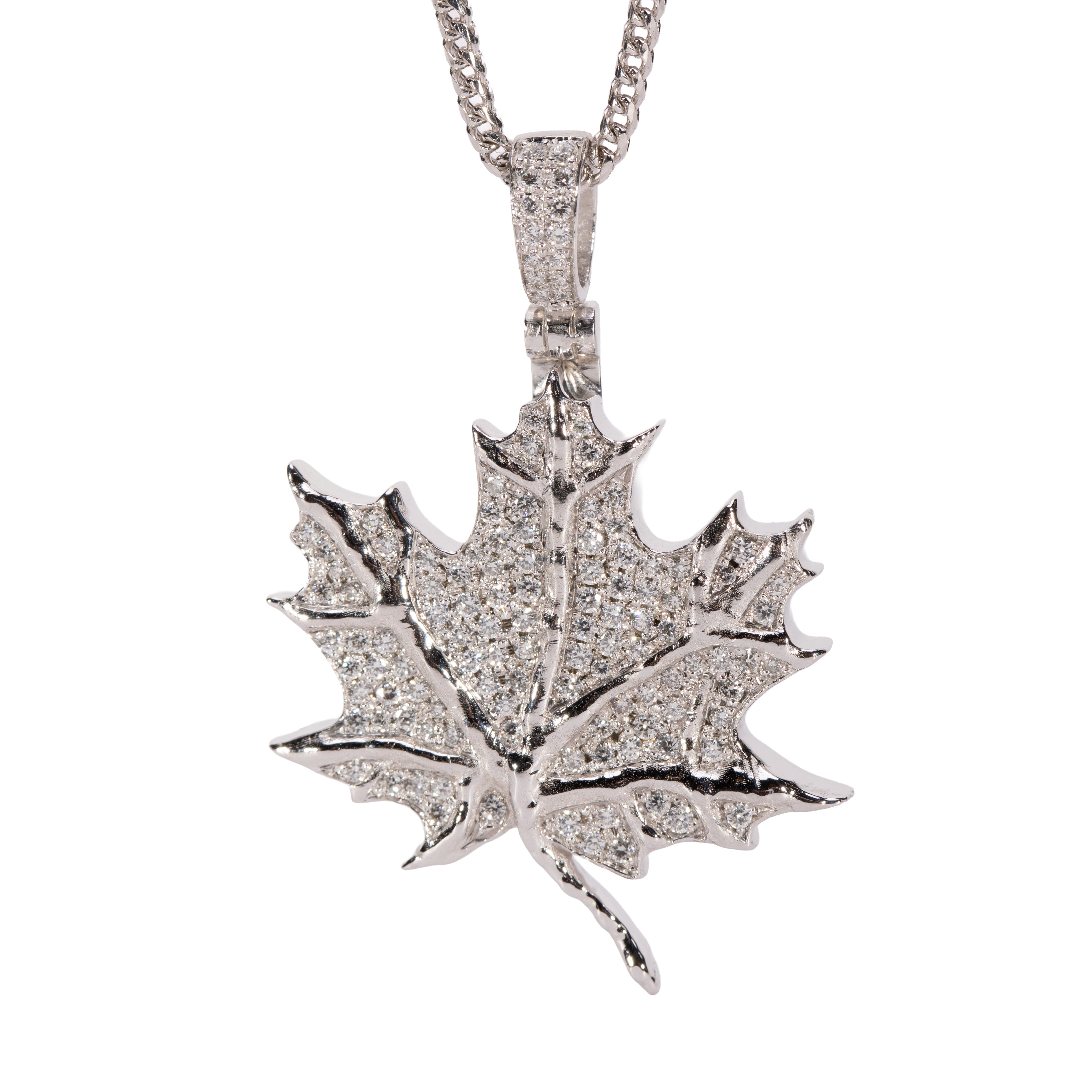 10K White Gold Diamond Maple Leaf Pendant