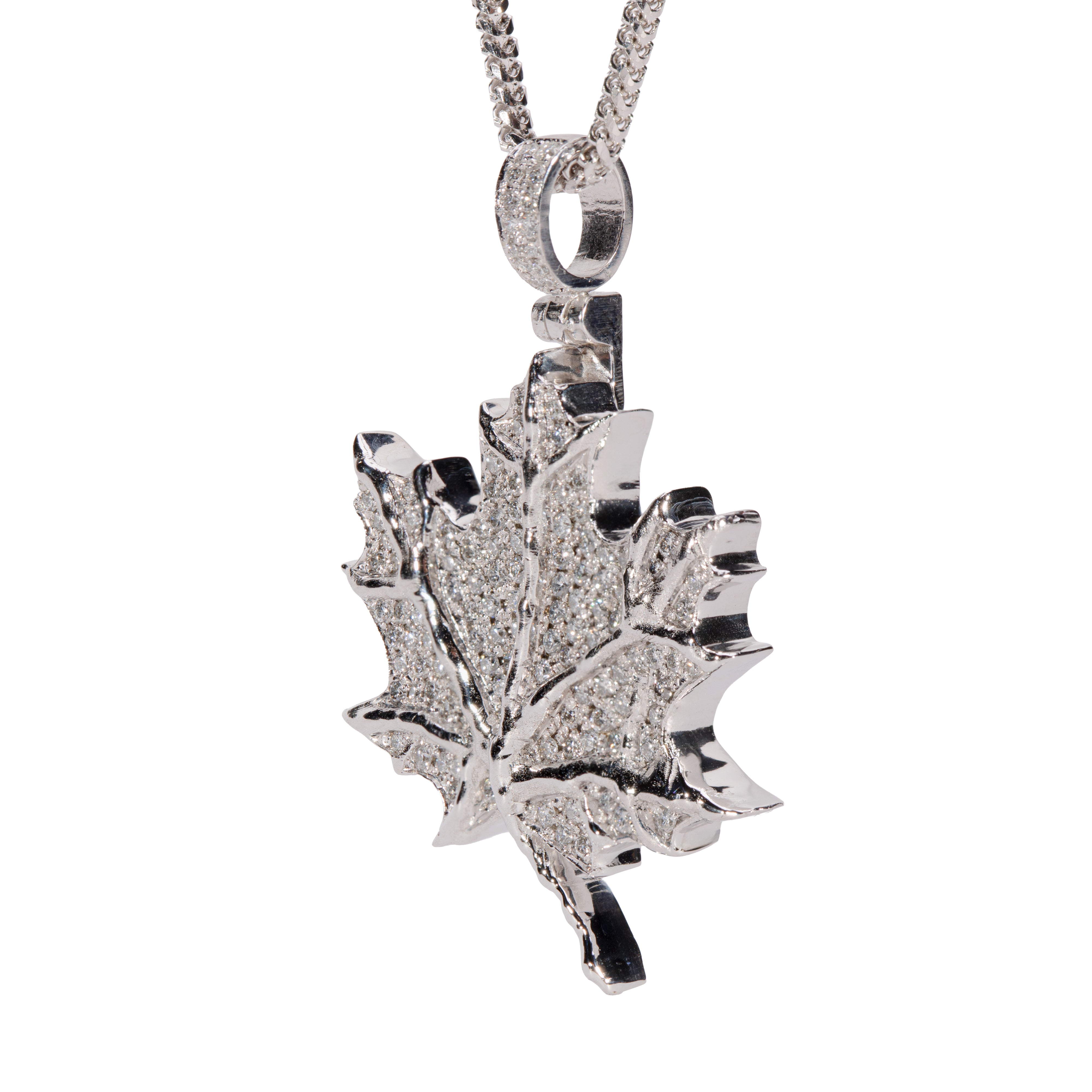 10K White Gold Diamond Maple Leaf Pendant