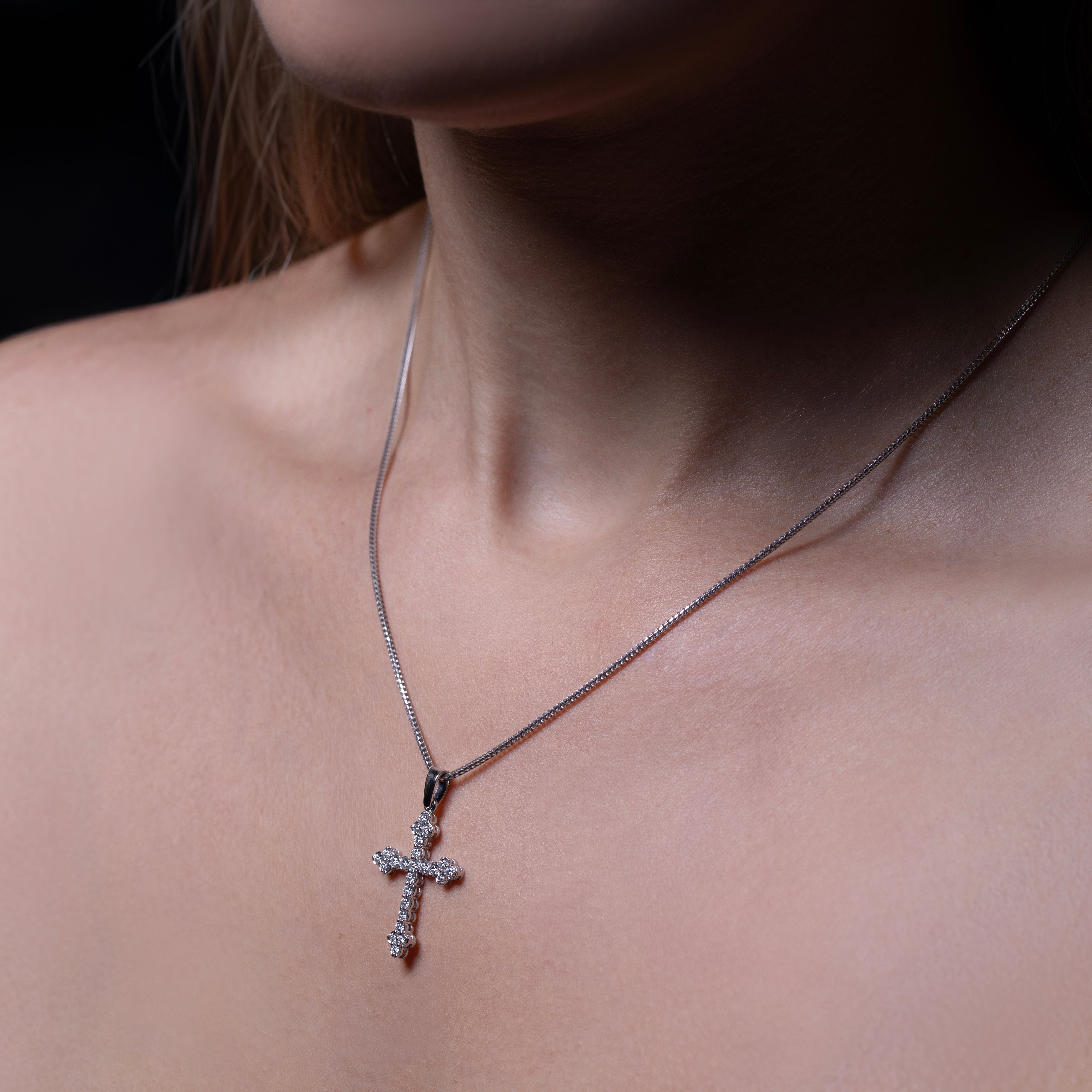14K White Gold Diamond Divine Light Cross Necklace