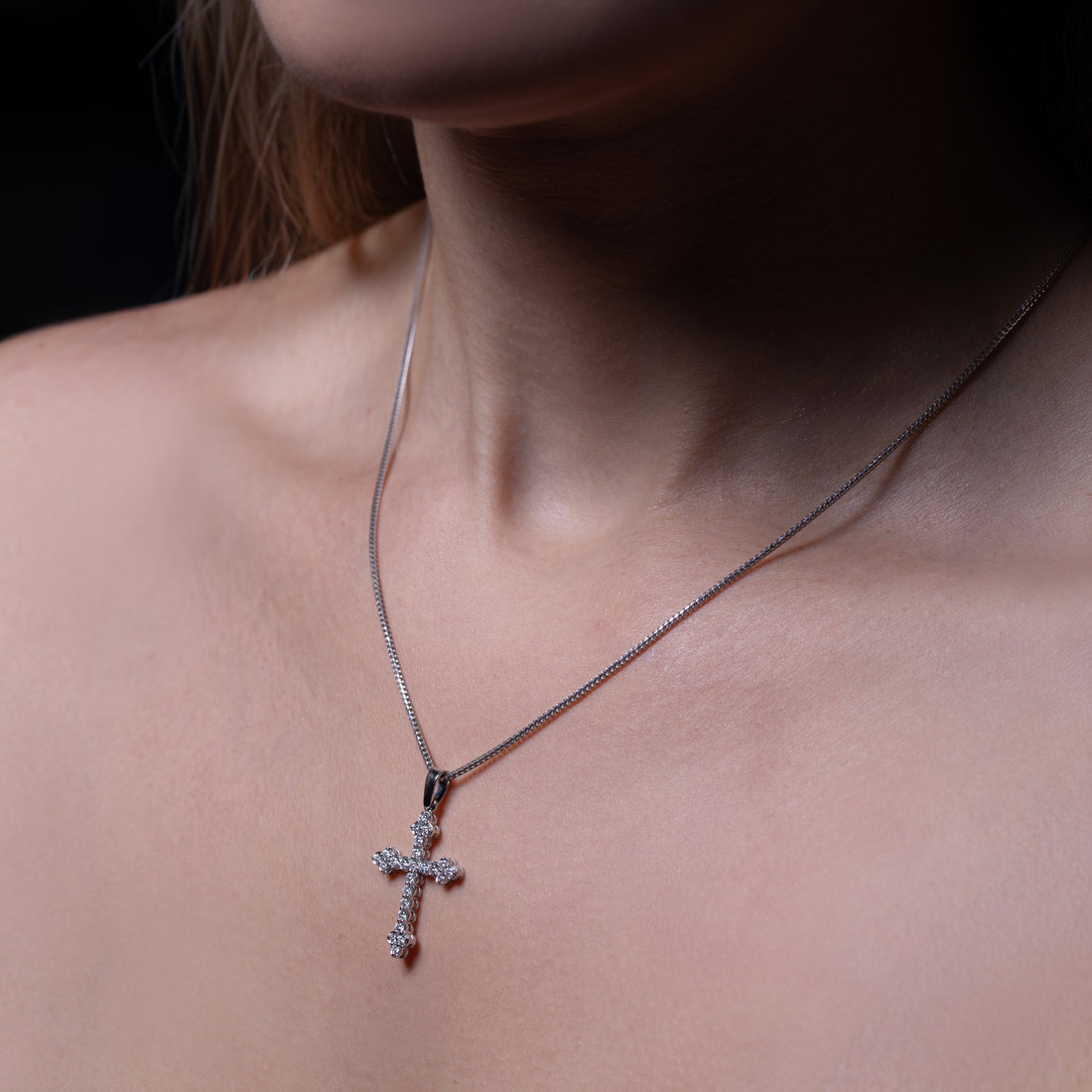 14K White Gold Diamond Divine Light Cross Necklace