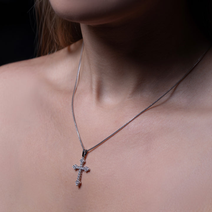 14K White Gold Diamond Divine Light Cross Necklace