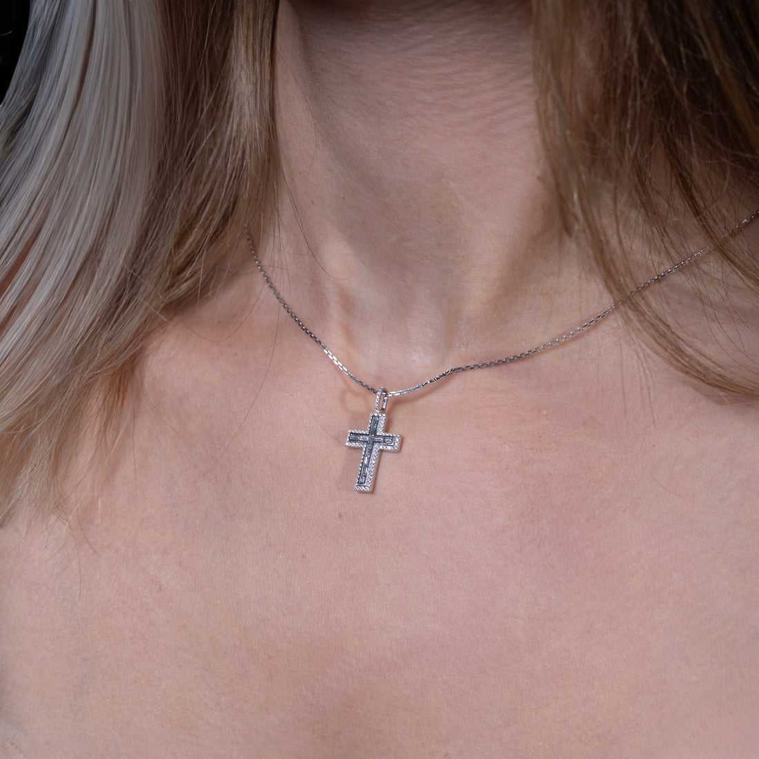14K White Gold Diamond Cathedral Edge Cross Necklace