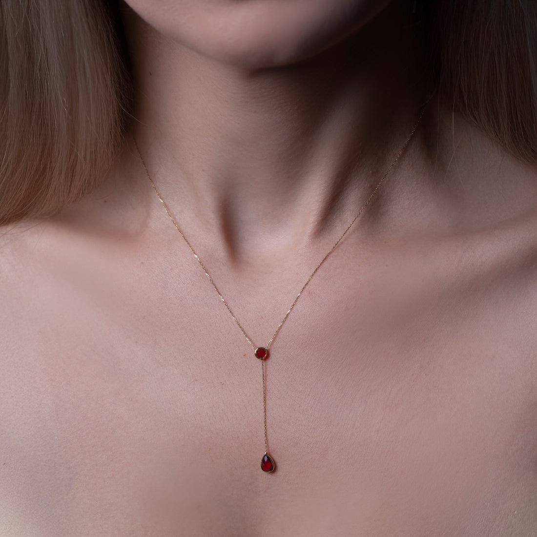 10K Gold Red CZ Lariat Necklace