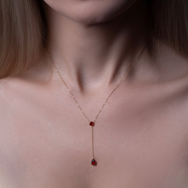10K Gold Red CZ Lariat Necklace