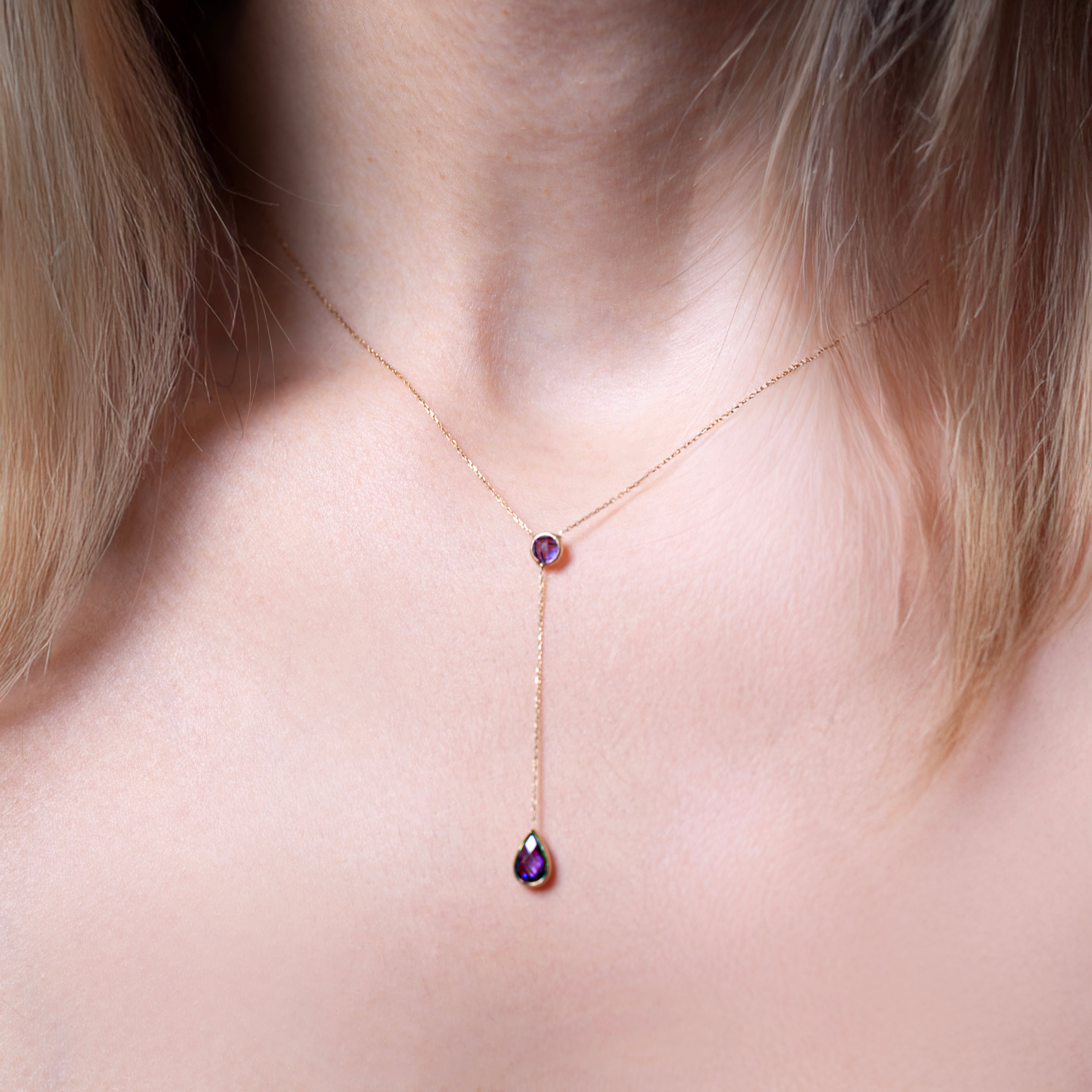 10K Gold Purple CZ Lariat Necklace
