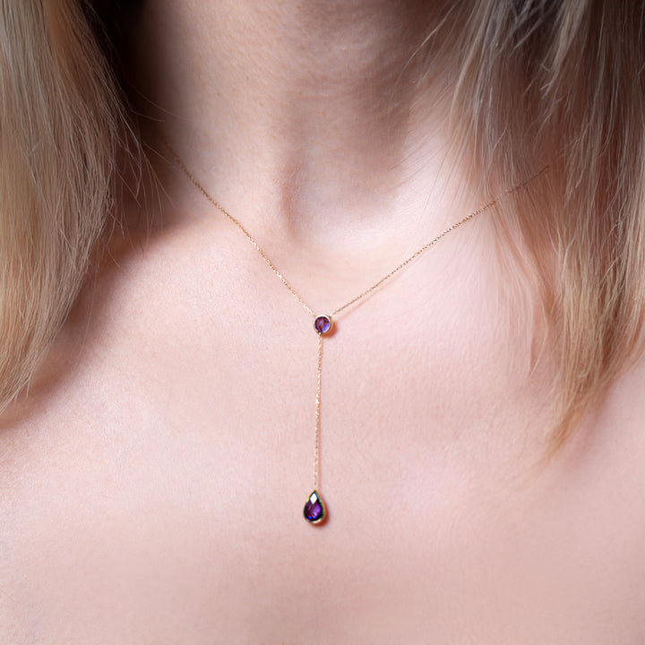 10K Gold Purple CZ Lariat Necklace