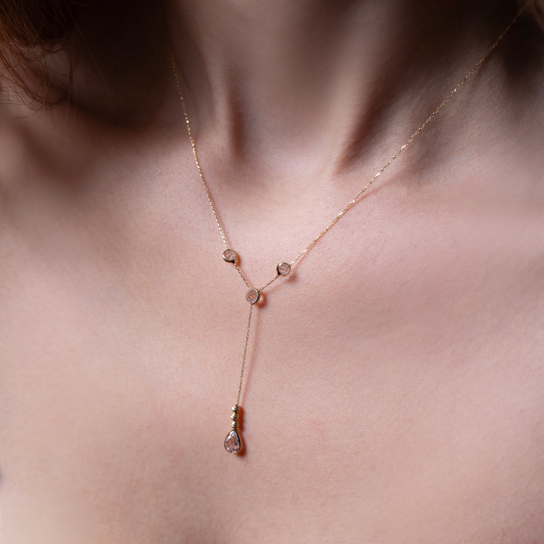 10K Gold White CZ Lariat Necklace