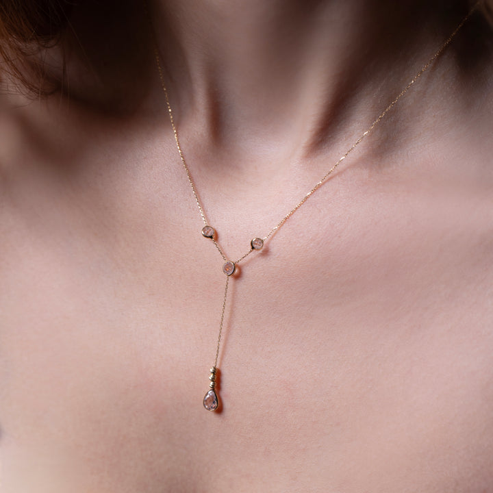 10K Gold White CZ Lariat Necklace