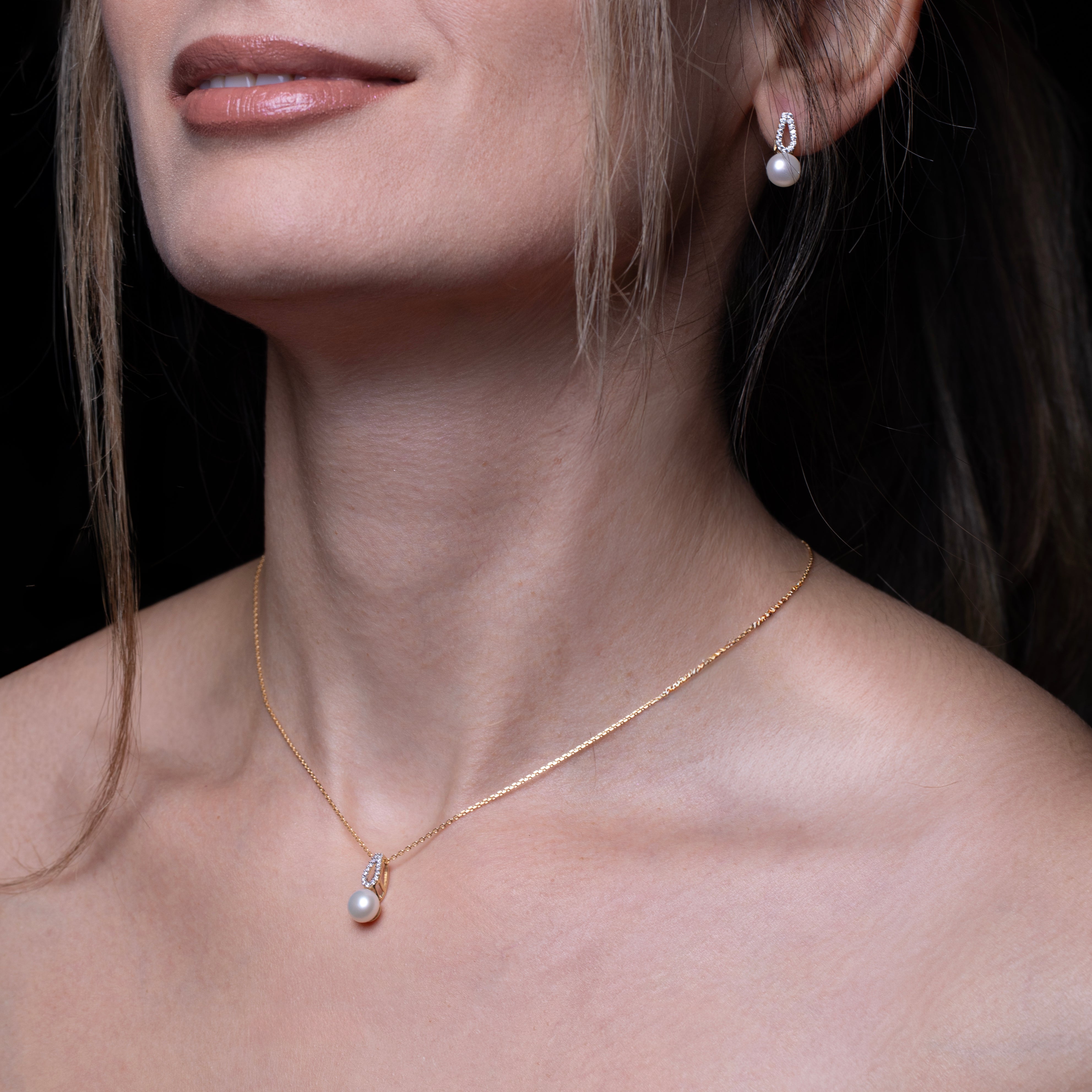 14K Gold Freshwater Pearl CZ Earring & Pendant Set