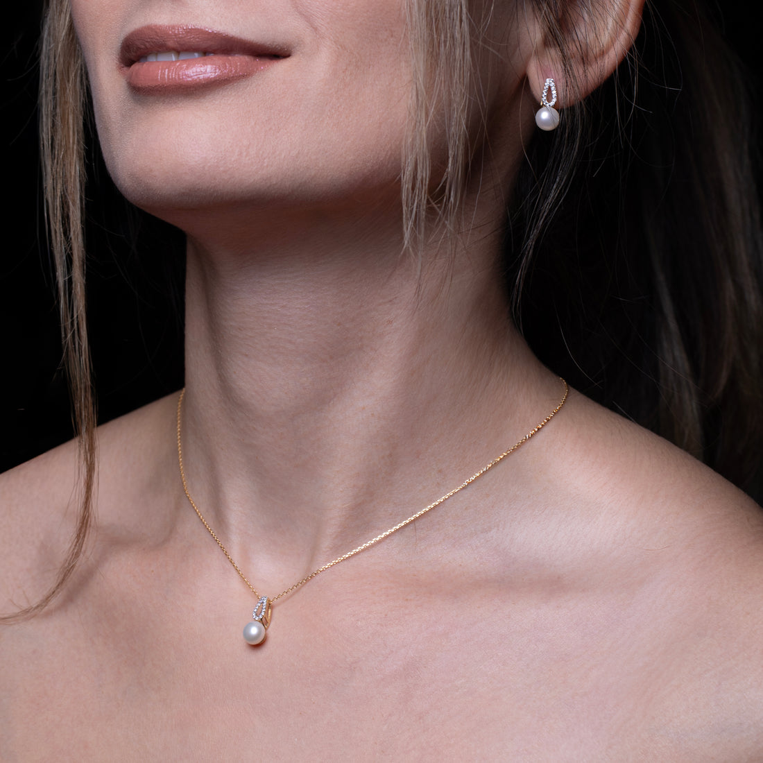 14K Gold Freshwater Pearl CZ Earring & Pendant Set