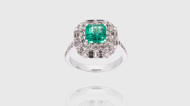18K White Gold Green Princess Cut Emerald In Big Diamond Cushion Engagement Ring