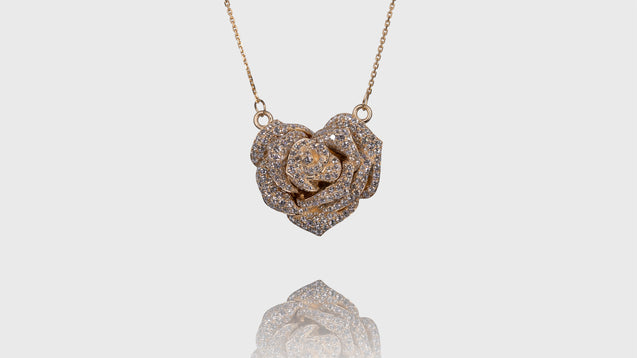14K Yellow Gold 3D Rose In Heart Diamond Pendant