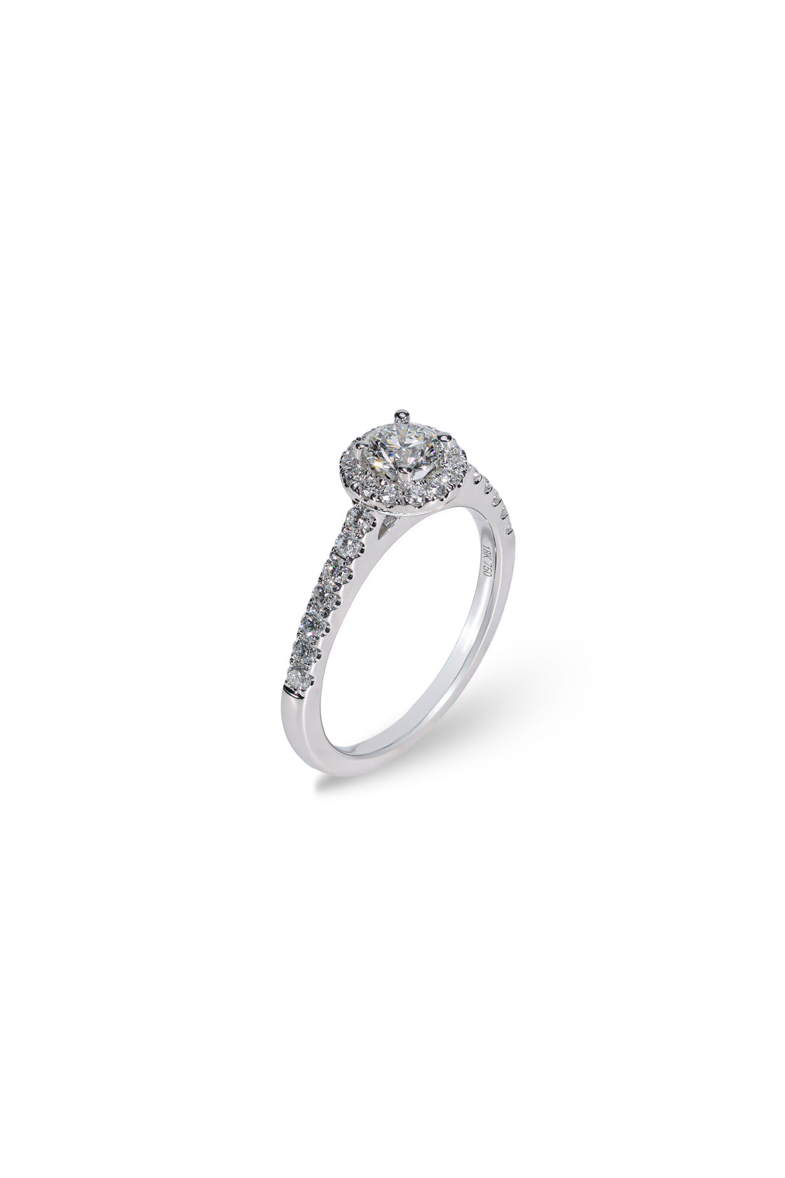 Angled view of the diamond halo engagement ring in 18K white gold.