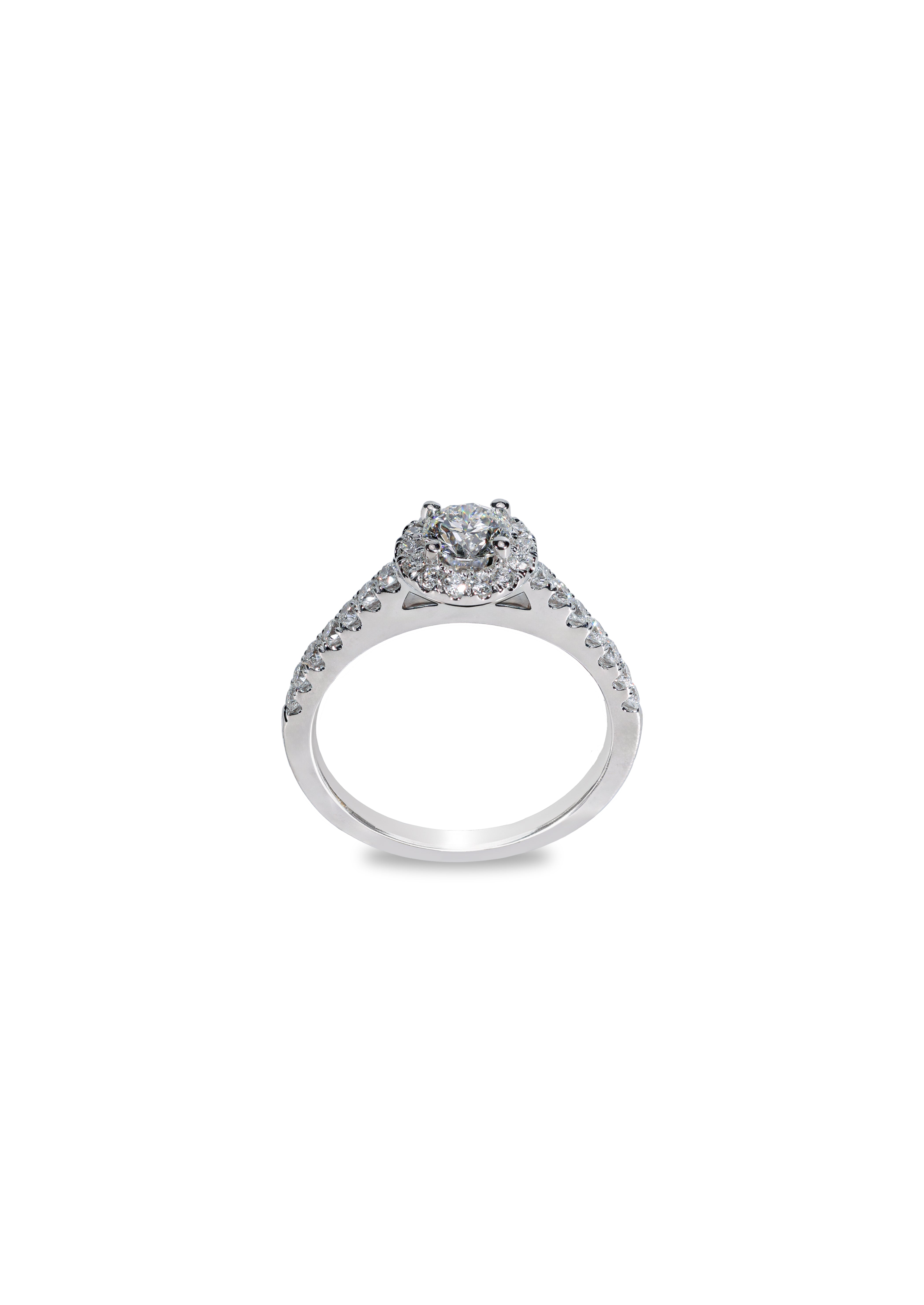Front view of the diamond halo engagement ring in 18K white gold.