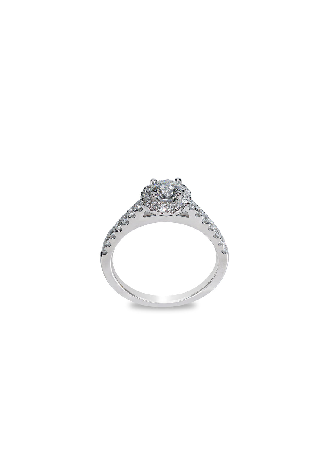 Front view of the diamond halo engagement ring in 18K white gold.