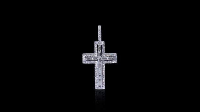 14K White Gold Layered Baguette Diamond Cross Pendant