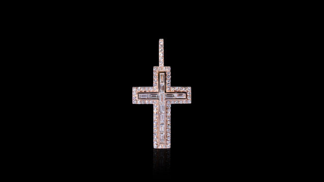 14K Rose Gold Layered Baguette Diamond Cross Pendant