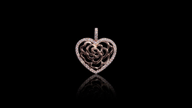 18K Rose Gold Rose In Heart Diamond Pendant