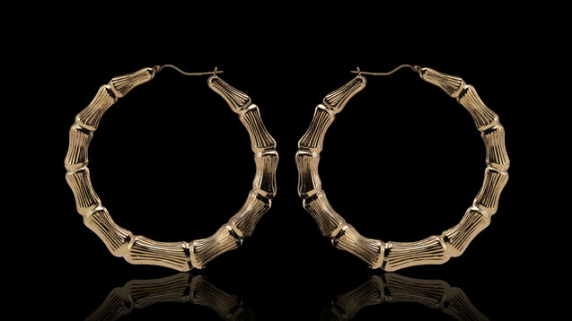10K Yellow Gold Big Bamboo Hoop Earrings