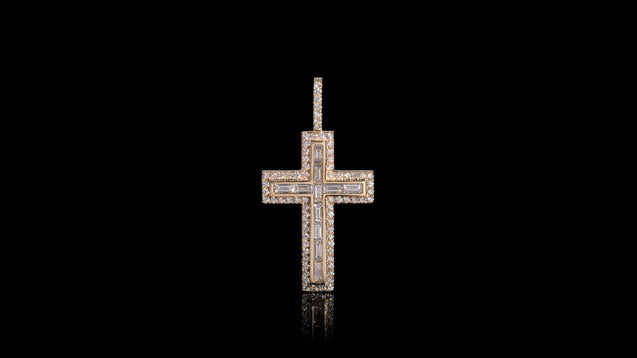 14K Yellow Gold Layered Baguette Diamond Cross Pendant