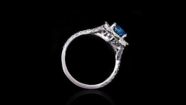 19K White Gold Braided Shank With Blue Round Sapphire Ring