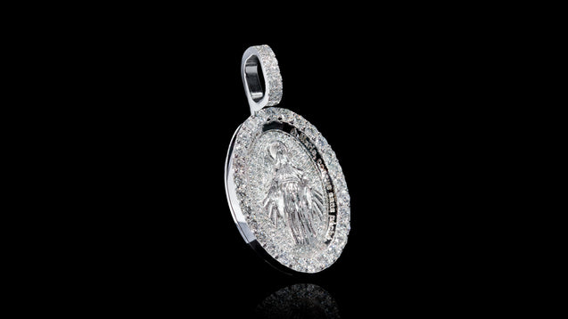 18K White Gold Virgin Mary Diamond Pendant