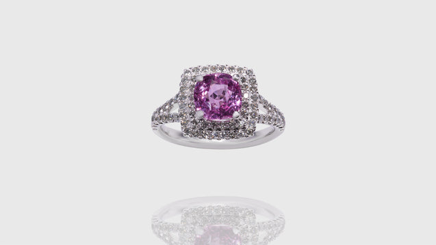 18K White Gold Pink Sapphire In Layered Square Halo Ring