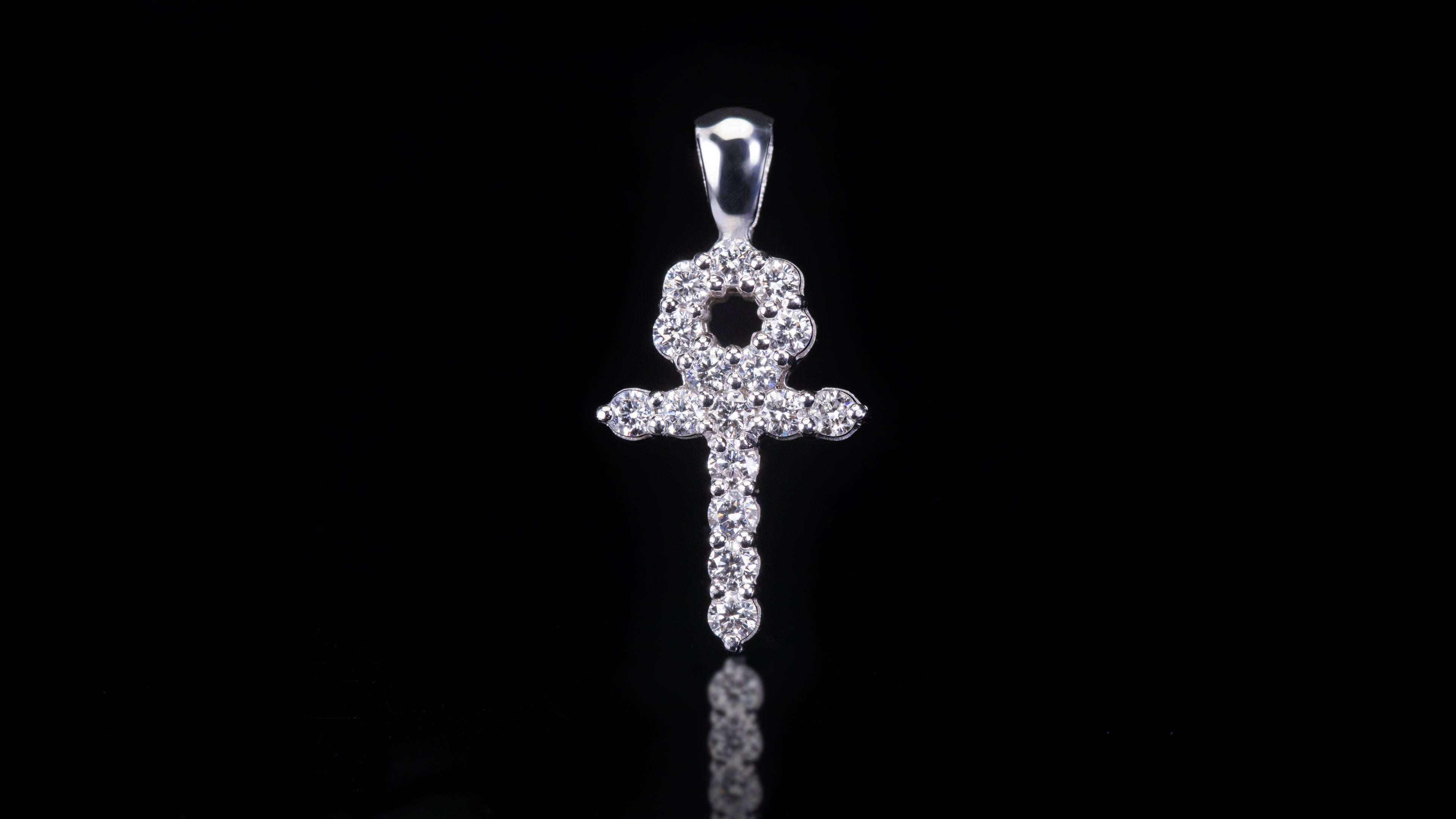 14k White Gold Tennis Ankh Diamond Pendant