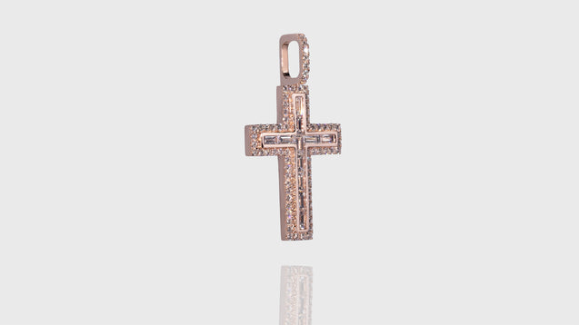 14K Rose Gold Layered Baguette Diamond Cross Pendant