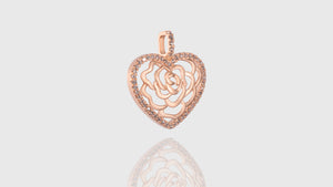 18K Rose Gold Rose In Heart Diamond Pendant