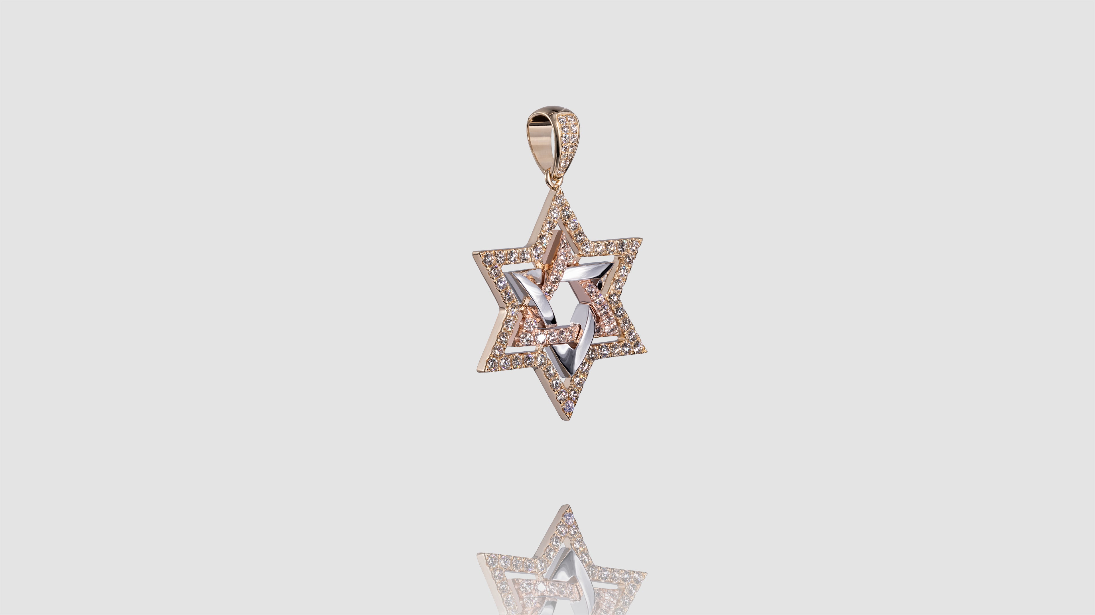 14K Tri-Color Gold Star of David Diamond Pendant