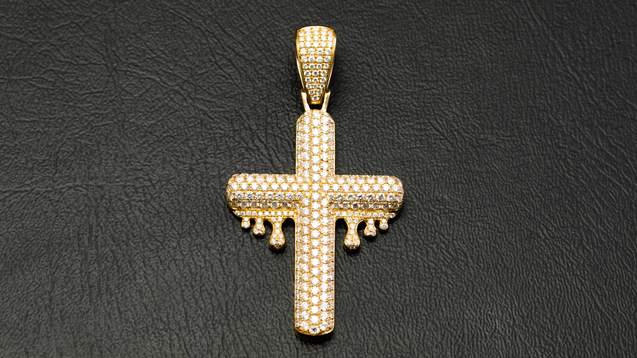 14K Yellow Gold Dripping Diamond Cross Pendant