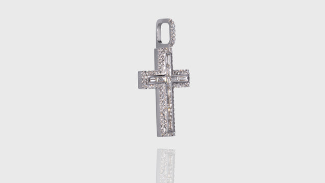 14K White Gold Layered Baguette Diamond Cross Pendant